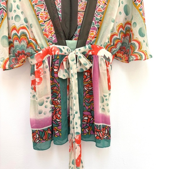 Vintage Nicole Miller Silk Chiffon Kimono Top Sheer Floral Tie Front Size Small - Picture 4 of 13